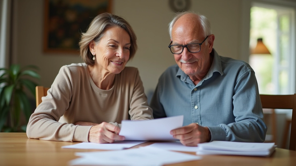 Couple âgé discutant de leur plan de retraite avec des documents financiers et un ordinateur portable sur la table
