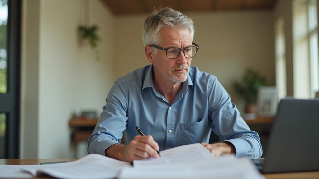 Homme d'âge moyen consulte des documents de retraite à son bureau avec ordinateur portable et lunettes de lecture