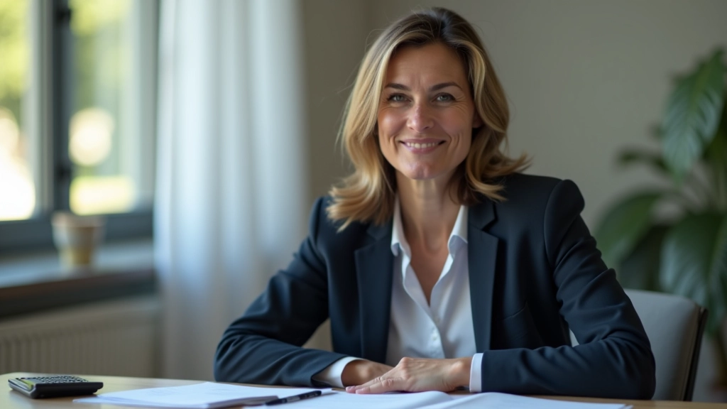 Femme professionnelle d'âge moyen souriant au bureau, entourée de documents sur la retraite et calculatrice